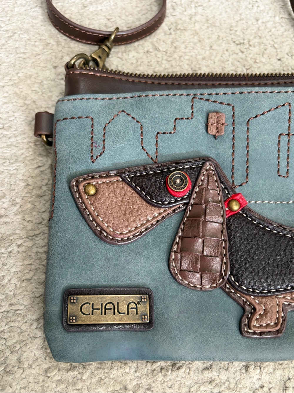 NWOT Chala Dachshund Wiener Dog Bag in Indigo & Brown, 2 Adjustable Straps - Picture 3 of 12